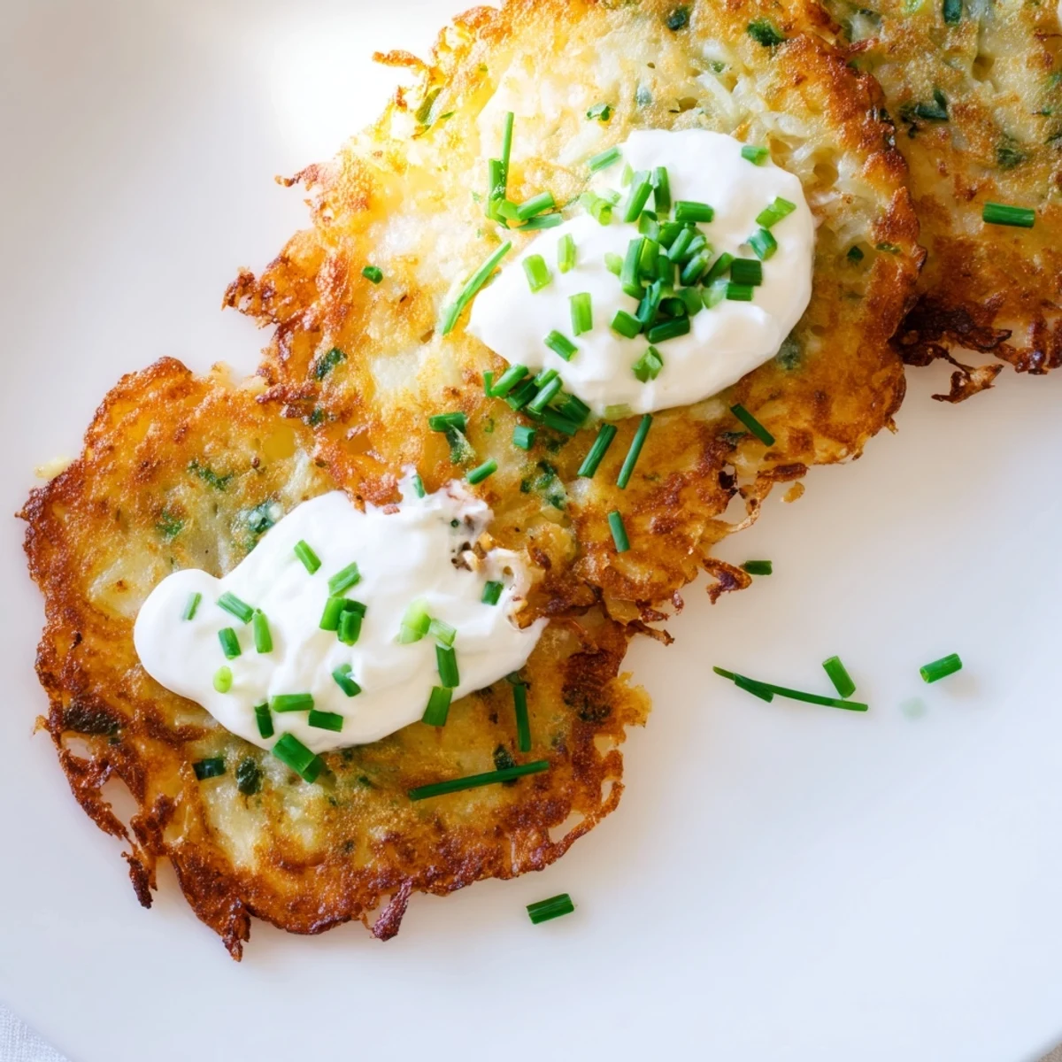 Knusprige Potato Cakes aus der Pfanne, serviert mit sour cream und fein gehackten Scallions.