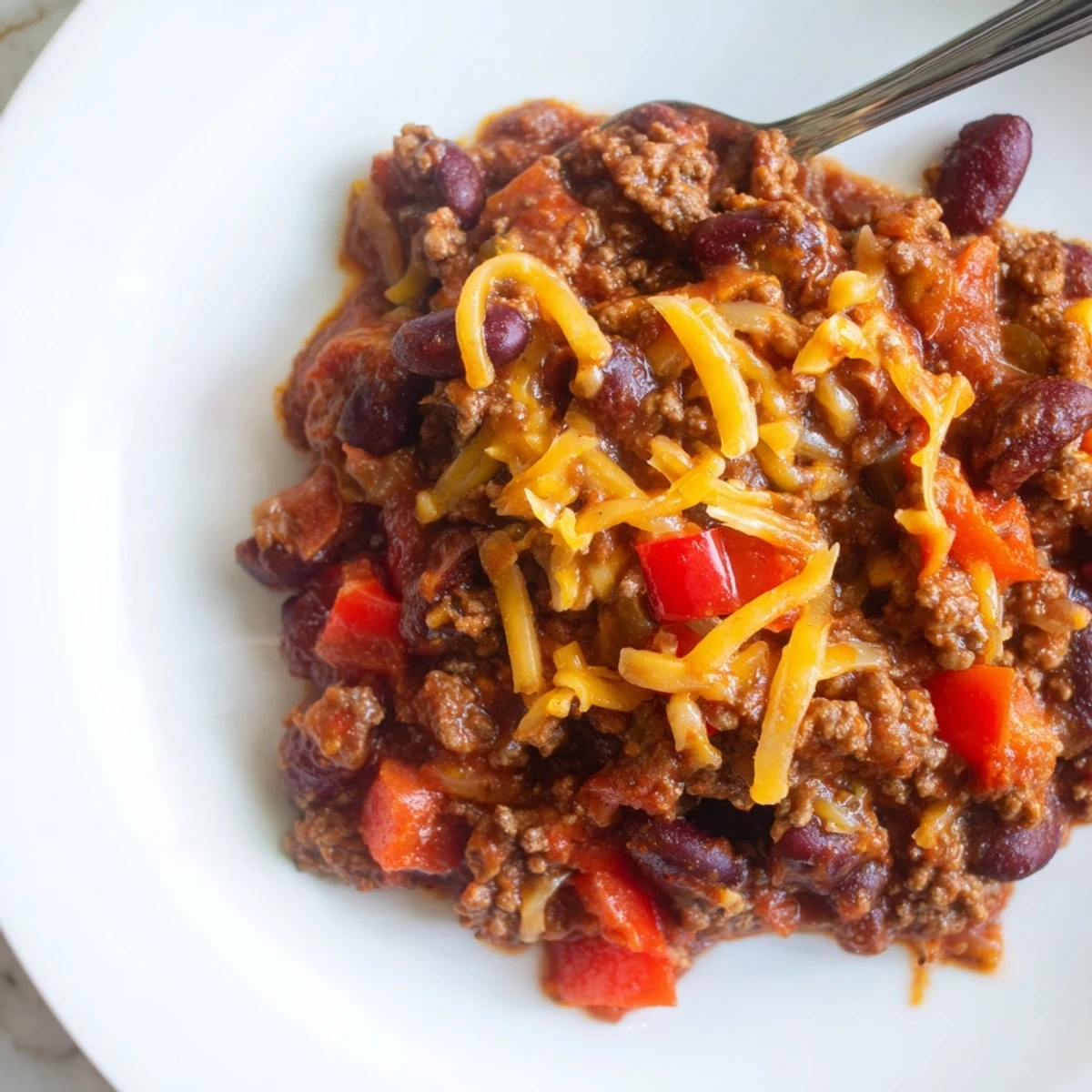 A bowl of Spicy Beef Chili with Cheddar Cheese topped with sour cream and cilantro.