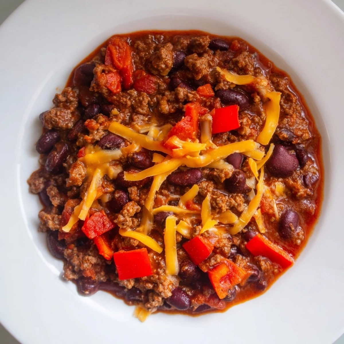Spicy Beef Chili with Cheddar Cheese simmering in a Dutch oven with a wooden spoon.