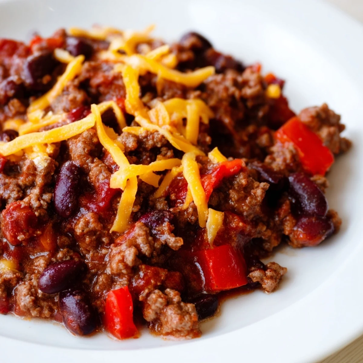 A ladle serving Spicy Beef Chili with Cheddar Cheese over melted cheddar cheese.