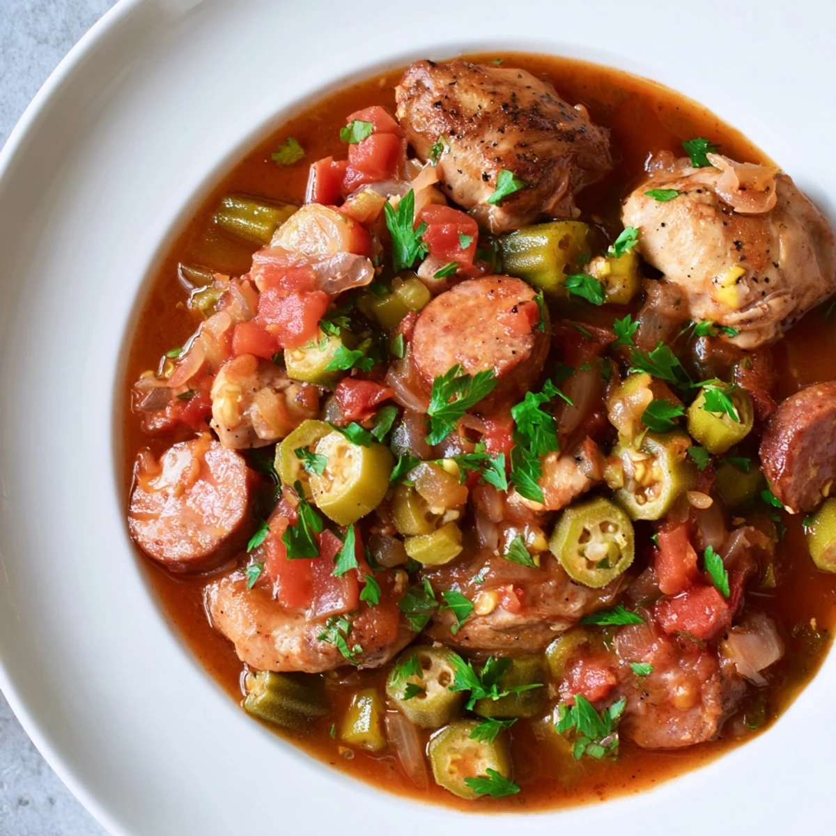 Rustikales Chicken and Sausage Stew mit saftigem Hühnchenfleisch und frischem Okra im dunklen Topf serviert
