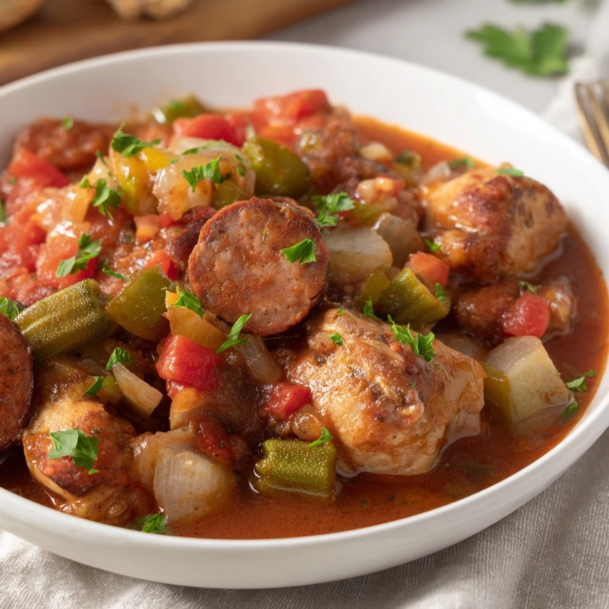Herzhaftes Chicken and Sausage Stew angerichtet mit frischer Petersilie und dampfendem Reis auf blauem Keramikteller