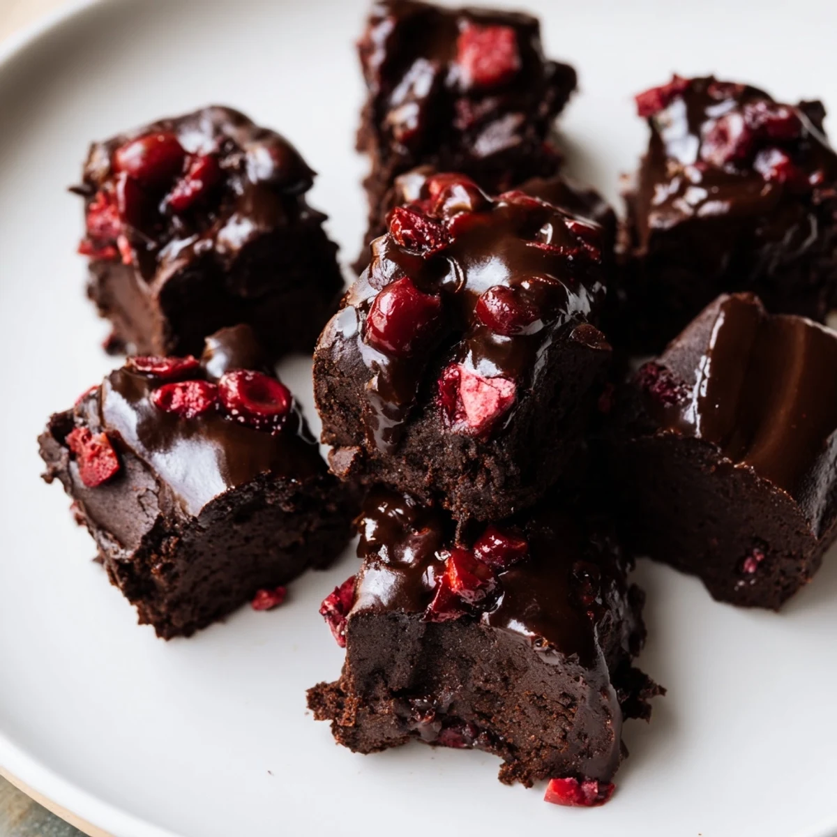 Decadent Chocolate Cherry Brownie Bites topped with glossy ganache and fresh cherries.