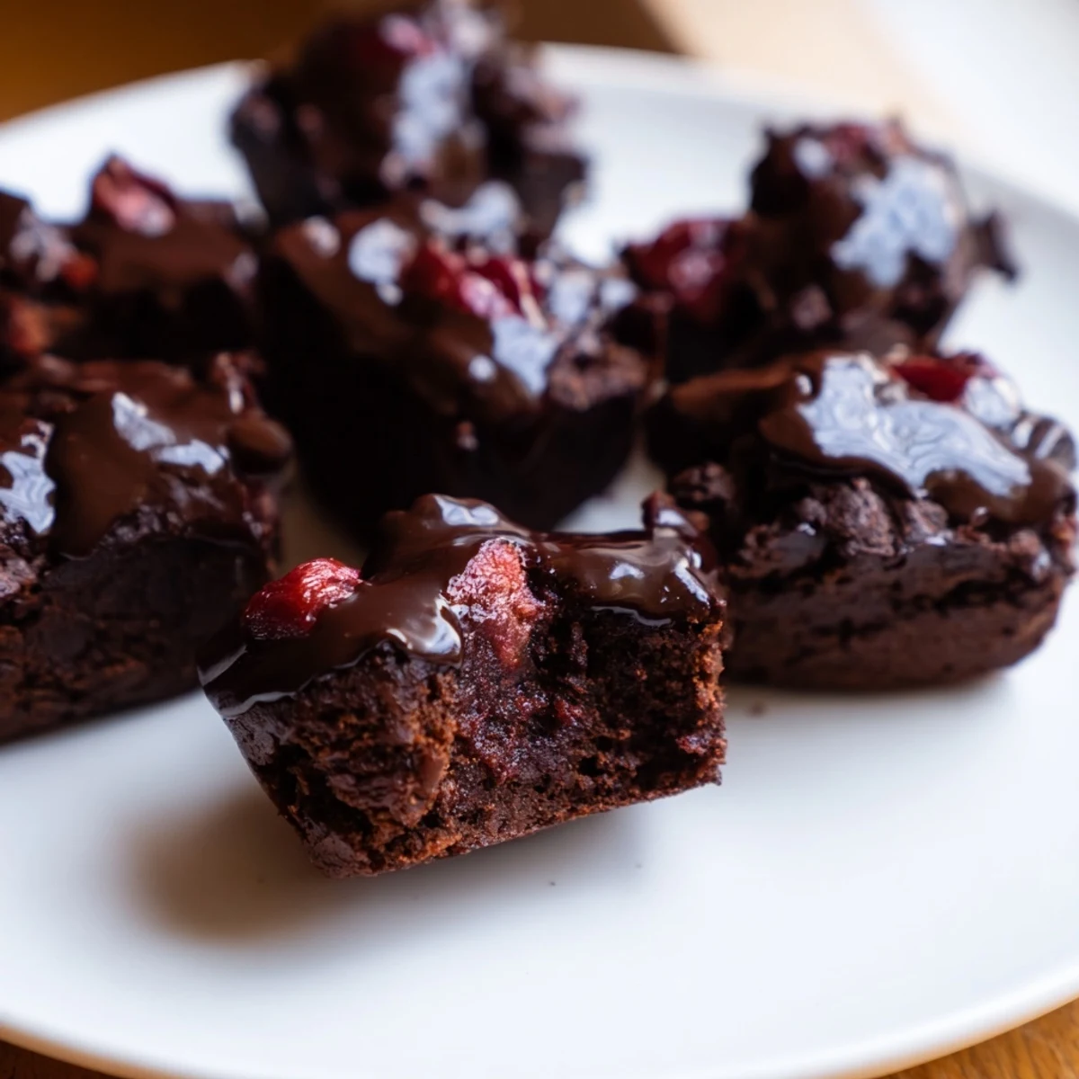 Warm Chocolate Cherry Brownie Bites stacked on a plate, ready for dessert.