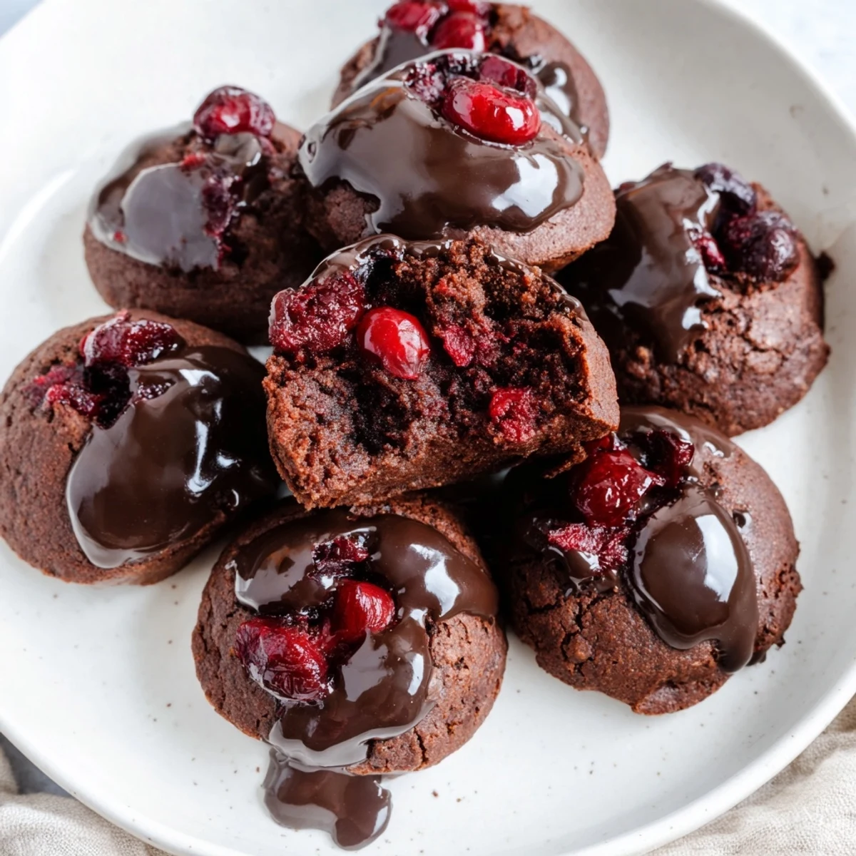 Rich Chocolate Cherry Brownie Bites with cherry pieces and smooth chocolate ganache.