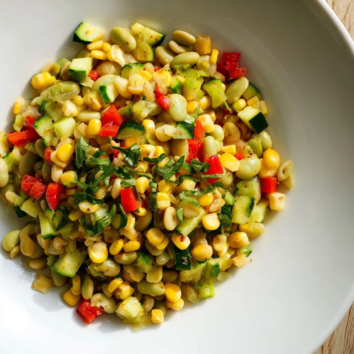 Vibrant Succotash with lima beans and sweet corn, topped with fresh parsley in a rustic bowl.