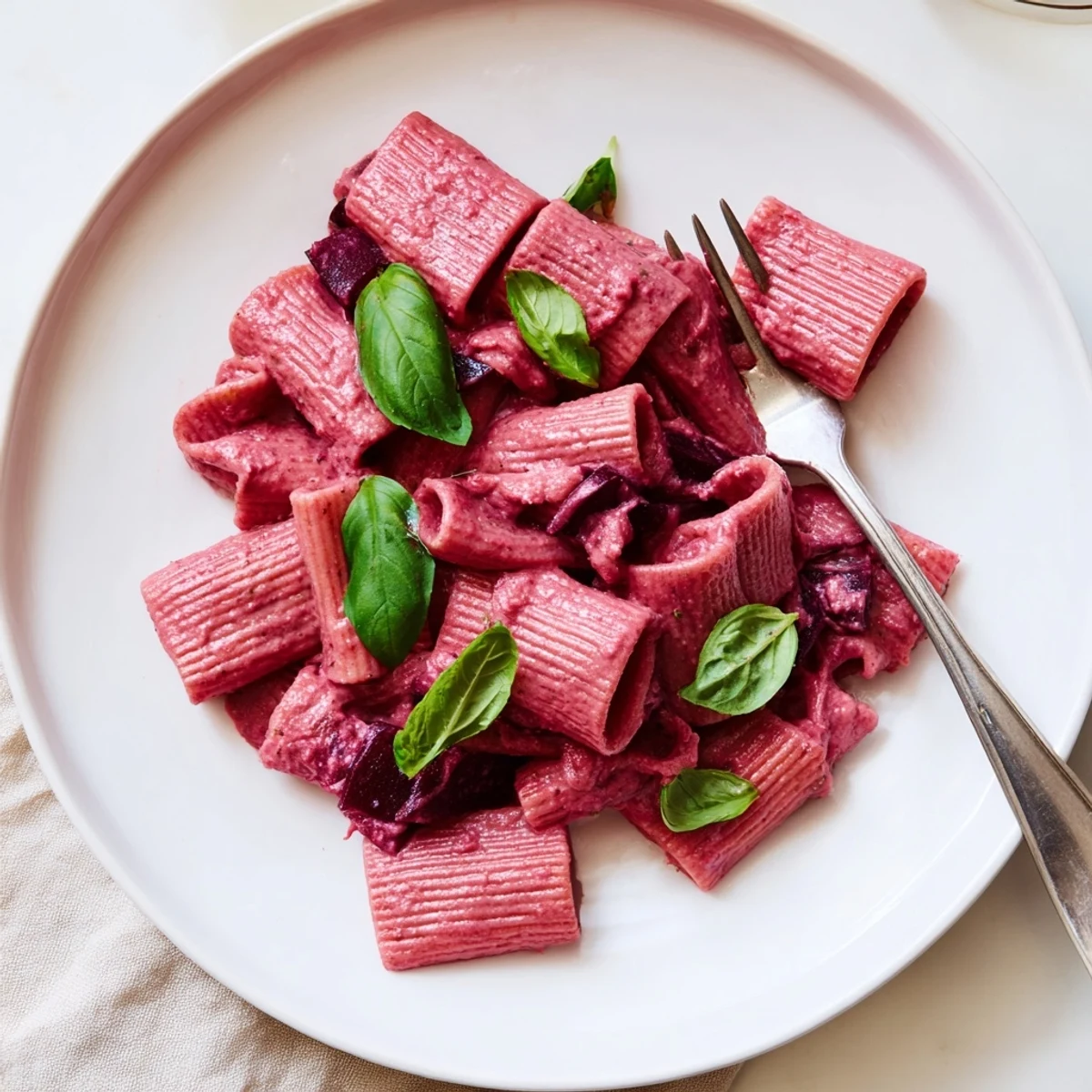 Creamy Pink Pasta with Beet Cream Sauce garnished with fresh basil on a rustic wooden table.