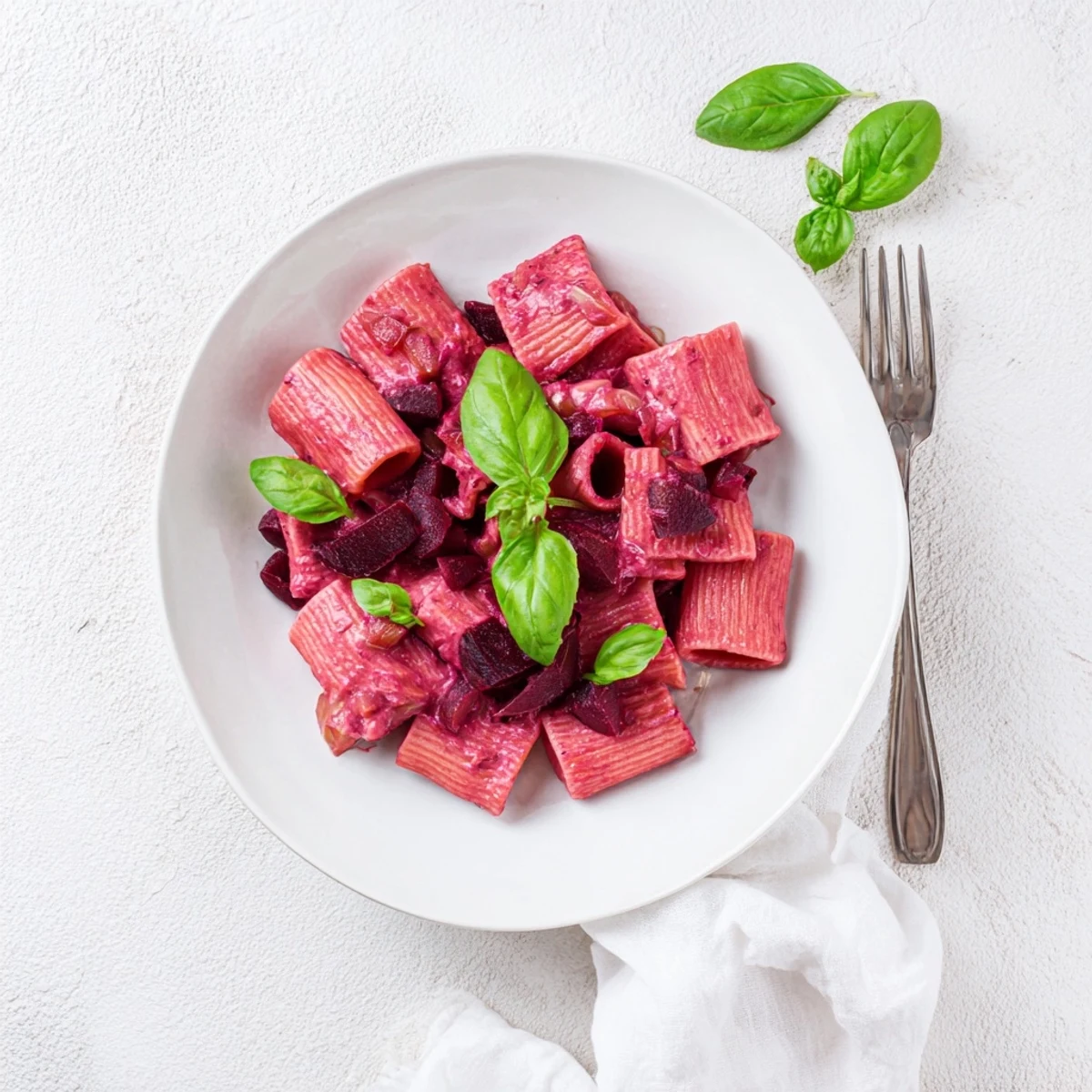 Vibrant Pink Pasta with Beet Cream Sauce served warm in a shallow bowl with Parmesan.