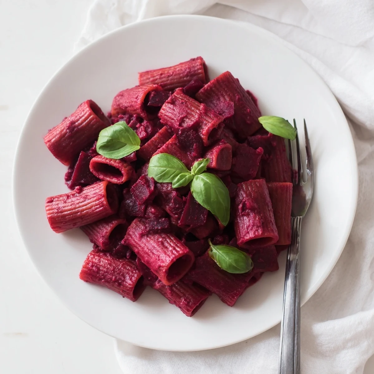 Velvety Pink Pasta with Beet Cream Sauce paired with a glass of white wine, ready to eat.