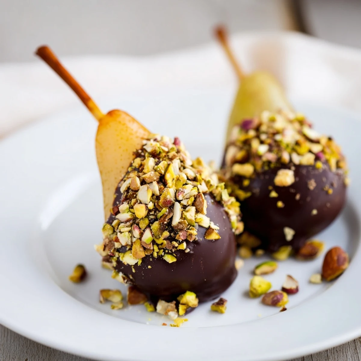 Reife Birnenhälften in dunkler Schokolade getaucht, garniert mit gemahlenen Mandeln und Pistazien.
