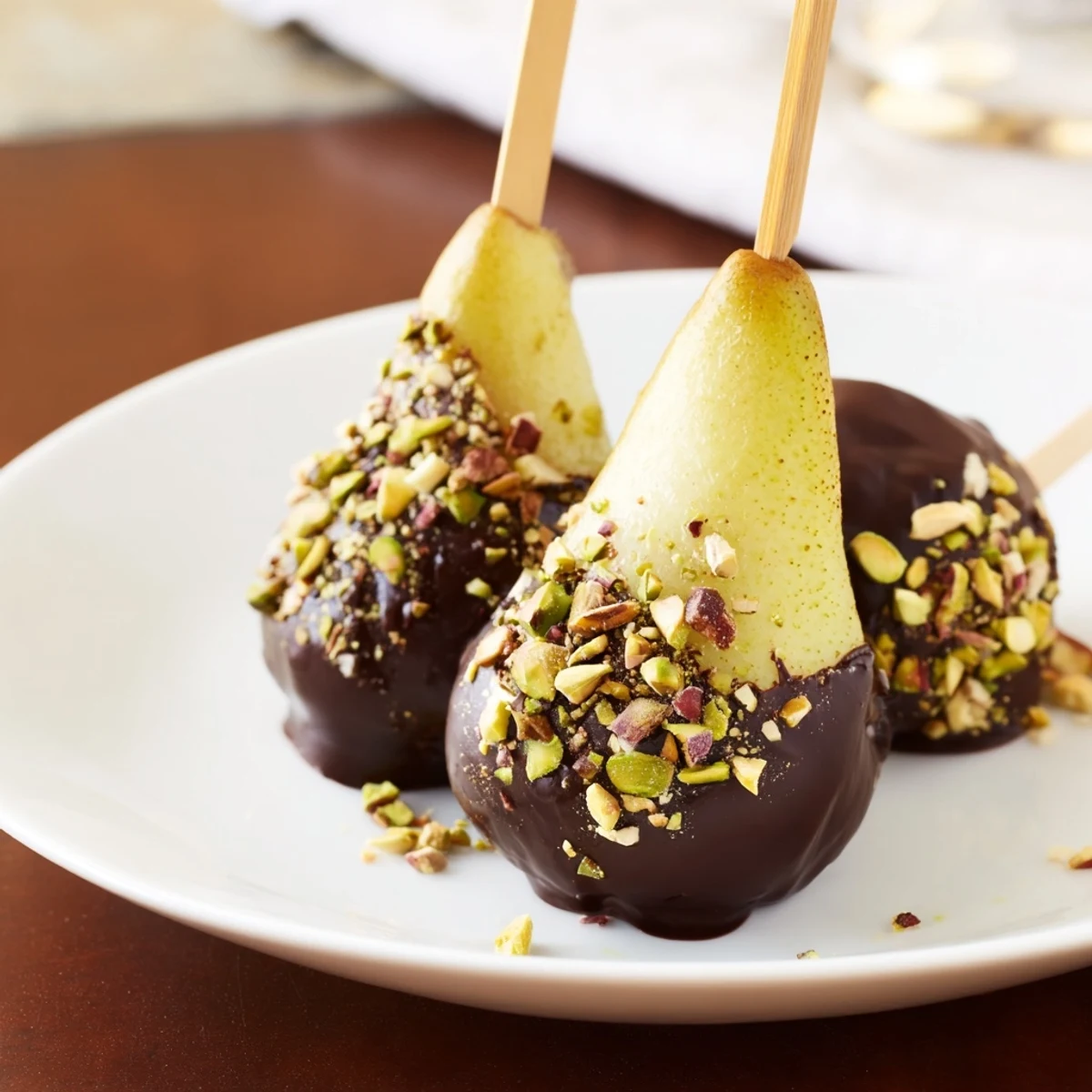 Glasierte Schokoladen-Birnen mit knusprigen Nüssen auf einem rustikalen Holztisch serviert.