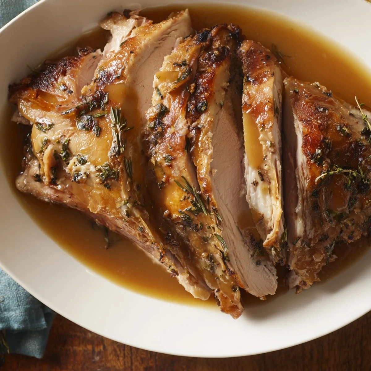 Ein gebratener Alternative Easter Roast Turkey mit Kräuterbutter, Rosmarin und Thymian, serviert mit Soße.