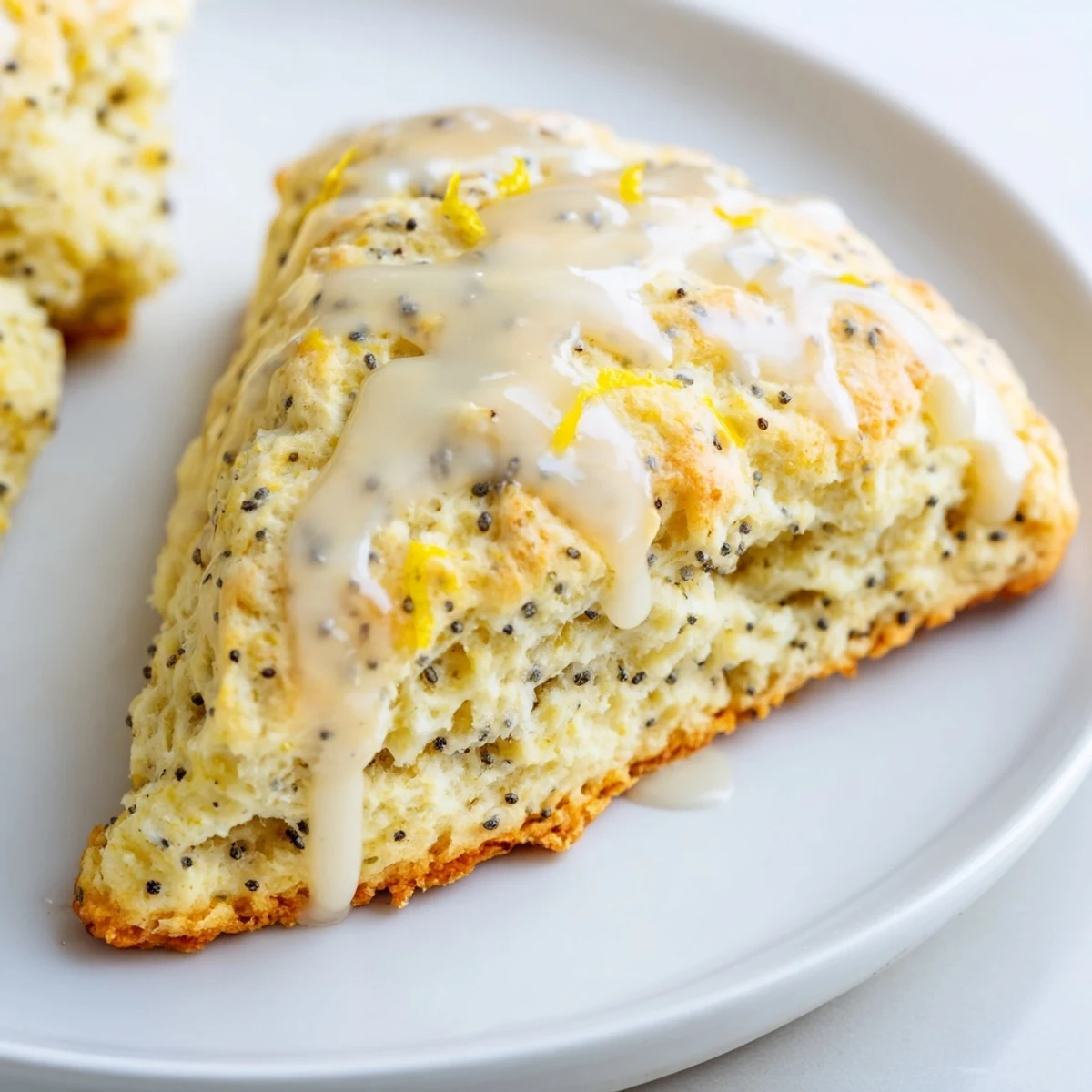 Goldene Zitronen-Mohnscones mit glasur, frisch aus dem Backofen und auf einem Blech zum Abkühlen.