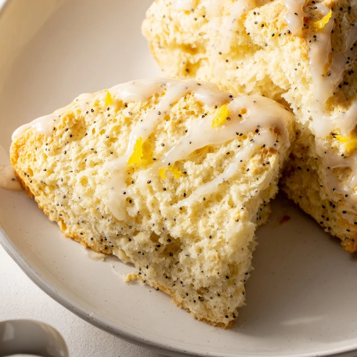 Warm gebackene Zitronen-Mohnscones mit glasur und aufgeschnitten, um die lockere Krume und den Mohn zu zeigen.