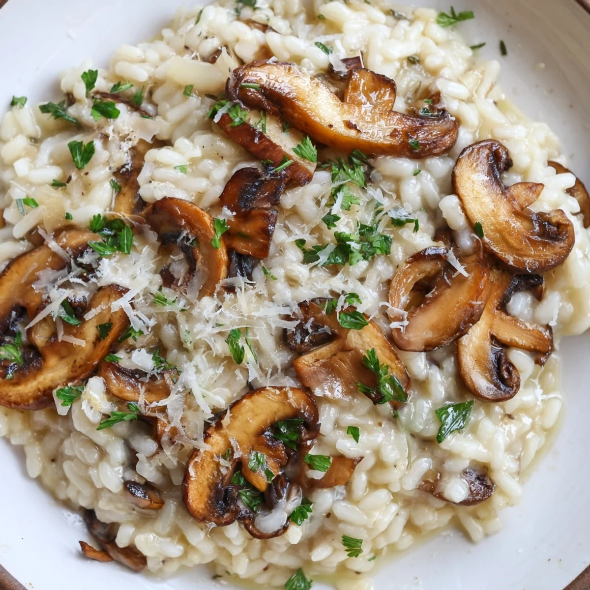 Cremige Pilzrisotto mit Truffle Oil, heiß serviert auf einem Teller und mit glänzendem Parmesan bestreut.