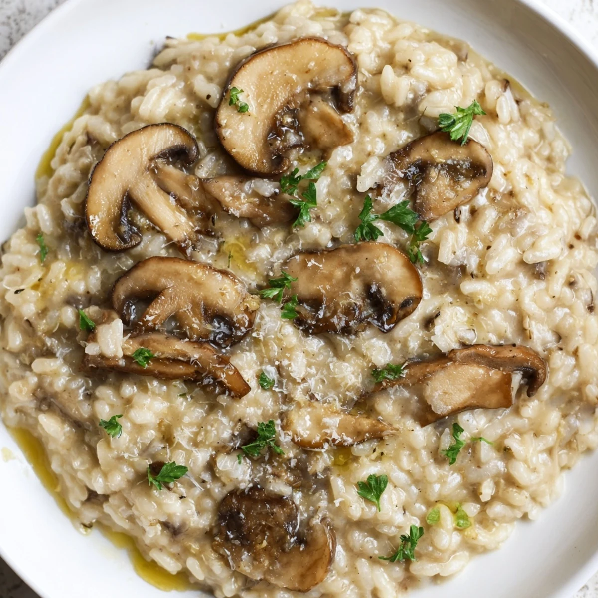 Eine dampfende Schüssel Cremige Pilzrisotto mit Truffle Oil mit goldbraunen Pilzen und Petersilienflocken.