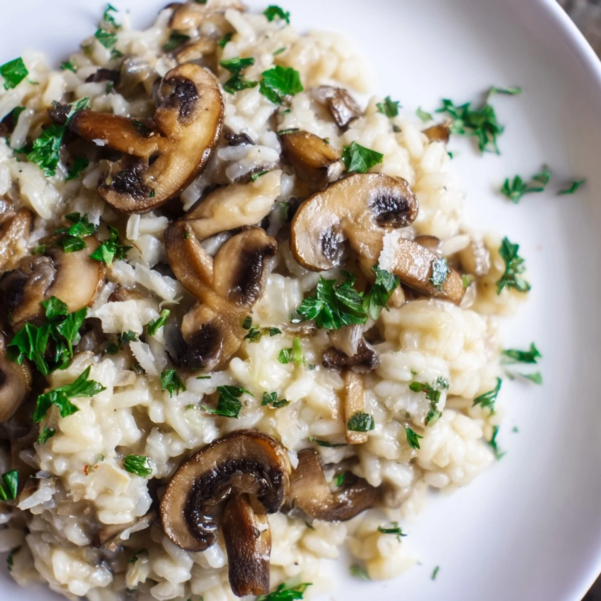 Präsentation der Cremige Pilzrisotto mit Truffle Oil, angerichtet mit einem Löffel und Tröpfchen Sahne.