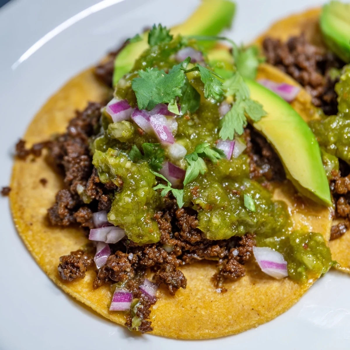 Drei würzige Rindfleischtacos mit salsa verde auf warmen Maistortillas garniert und frischen Avocadoscheiben.