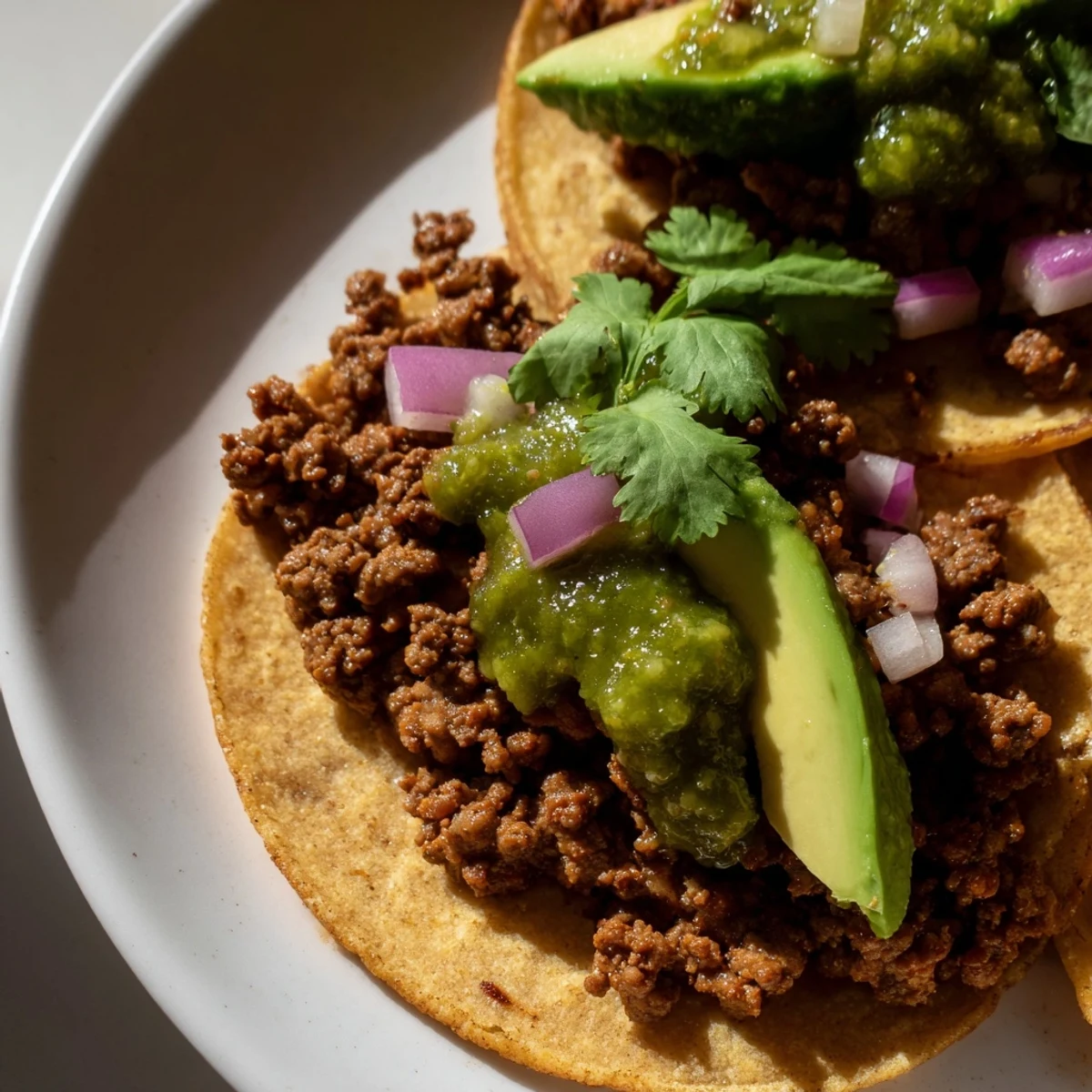 Spicy Beef Tacos mit salsa verde in einer metallenen Schüssel mit Limettenkeilen und Korianderblättern für eine frische Note.
