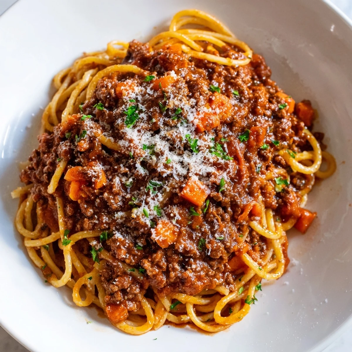 Serves of Beef Bolognese with Spaghetti in a rustic white bowl with Parmesan and parsley garnish.