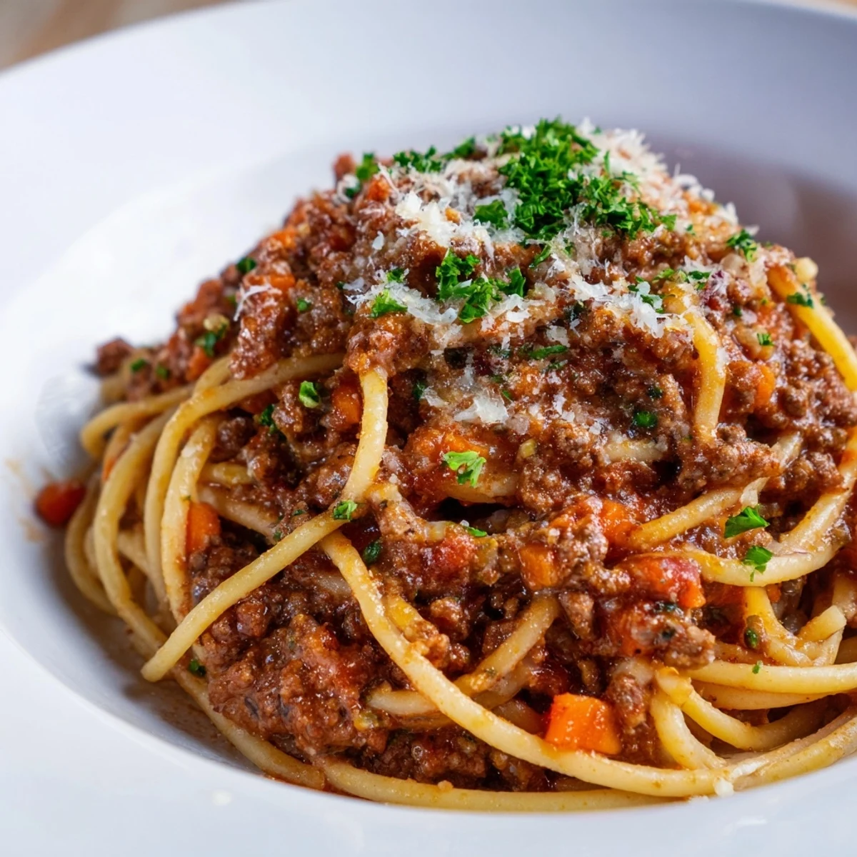 Hearty Beef Bolognese with Spaghetti twirled on a fork, showing rich red sauce and al dente strands.