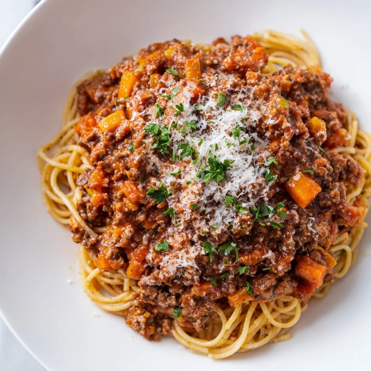 Classic Beef Bolognese with Spaghetti plated in a shallow bowl, steam rising, paired with a glass of red wine.