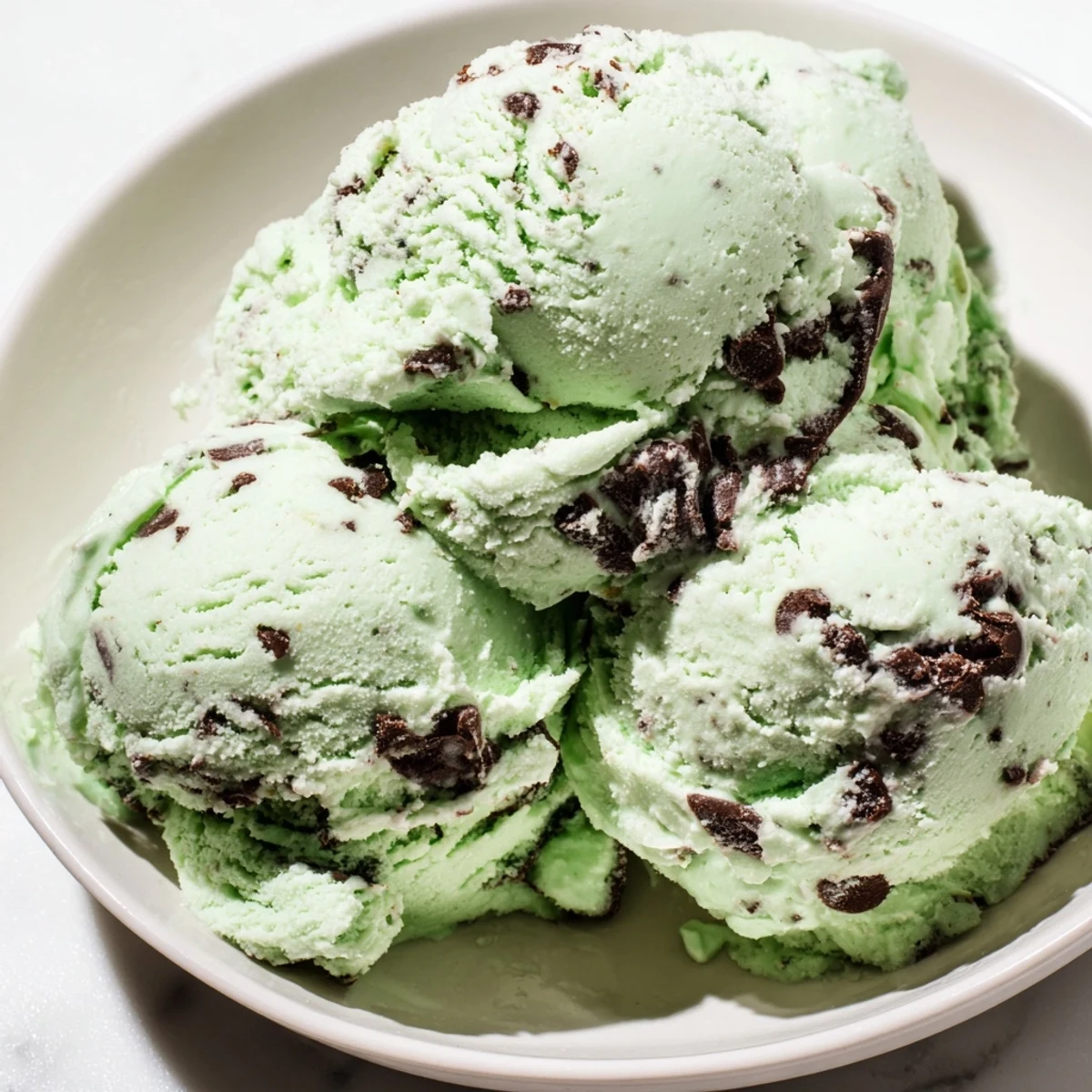 Homemade Green Mint Chocolate Chip Ice Cream scooped into a waffle cone, topped with chocolate sauce and fresh mint.