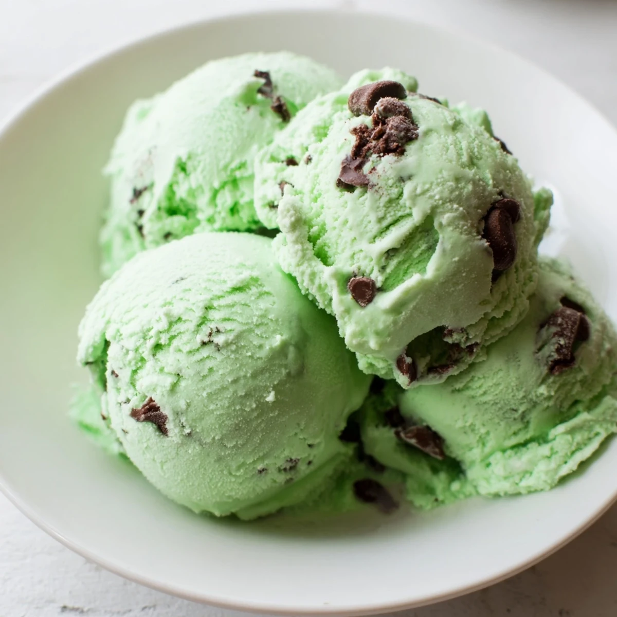 A creamy bowl of Green Mint Chocolate Chip Ice Cream showing rich green hue and generous dark chocolate chunks.