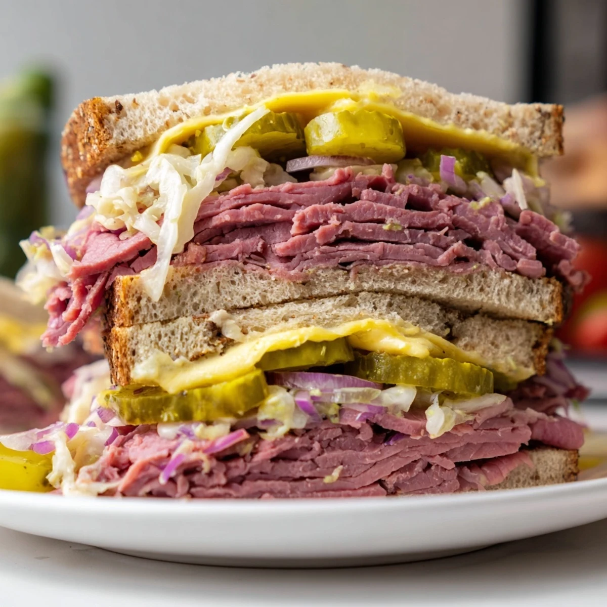 Toastiges Roggenbrot mit saftigem Corned Beef, eingelegten Gurken und würziger Senfsauce.
