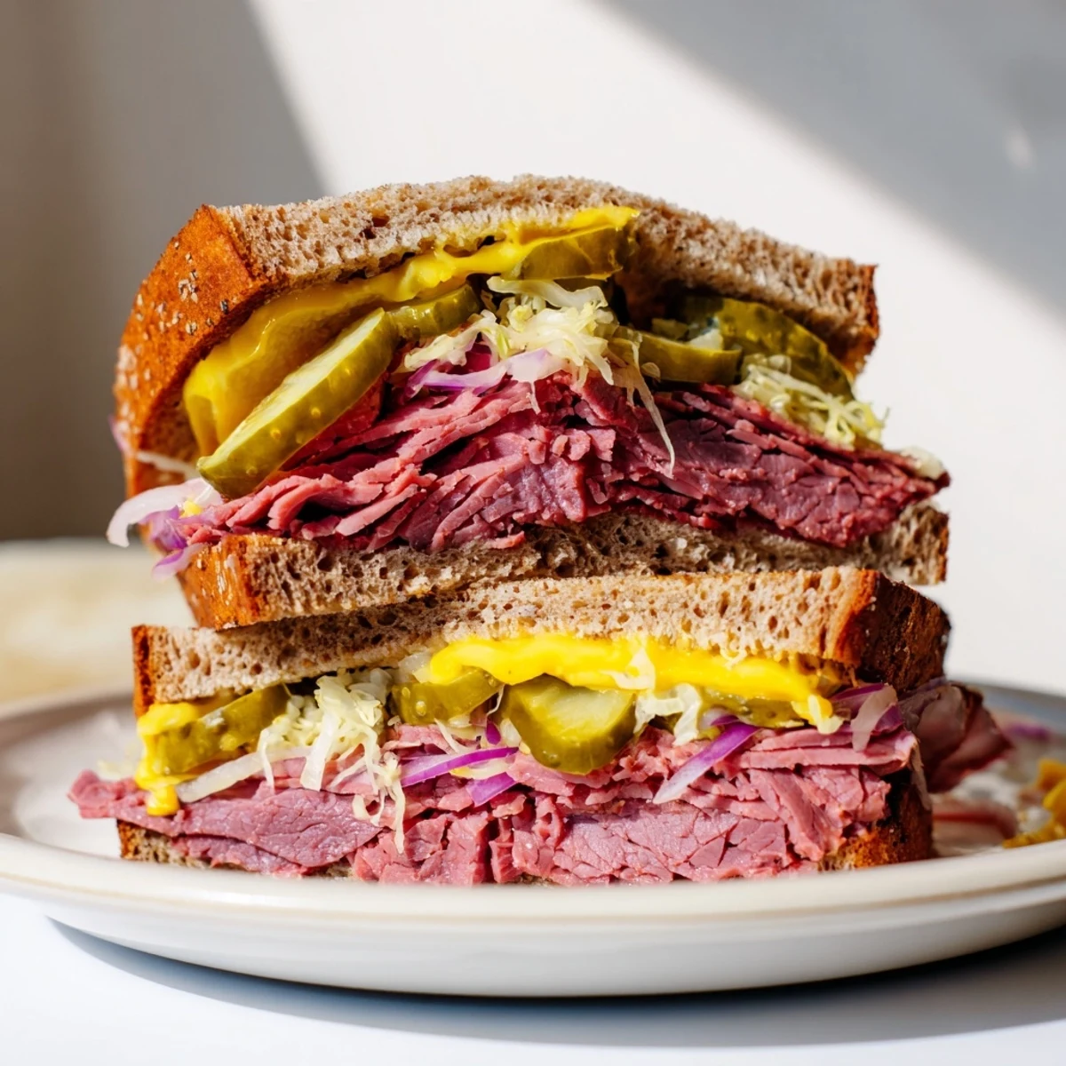 Klassischer Corned Beef Sandwich auf Roggen mit geschmolzenem Swiss Käse und frischem Salat.