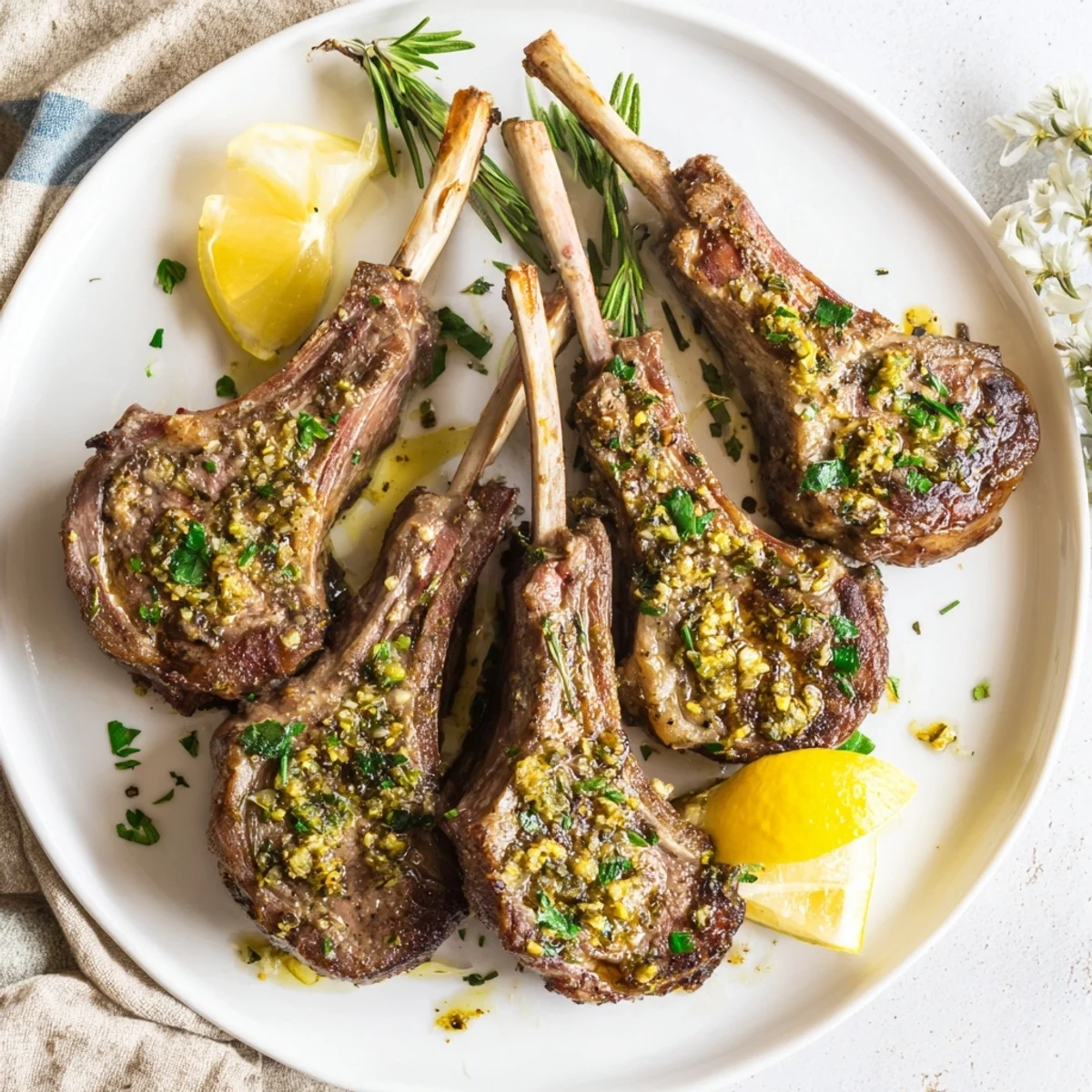 Frische Roasted Lamb Chops with Garlic aus dem Ofen auf rustikalem Teller