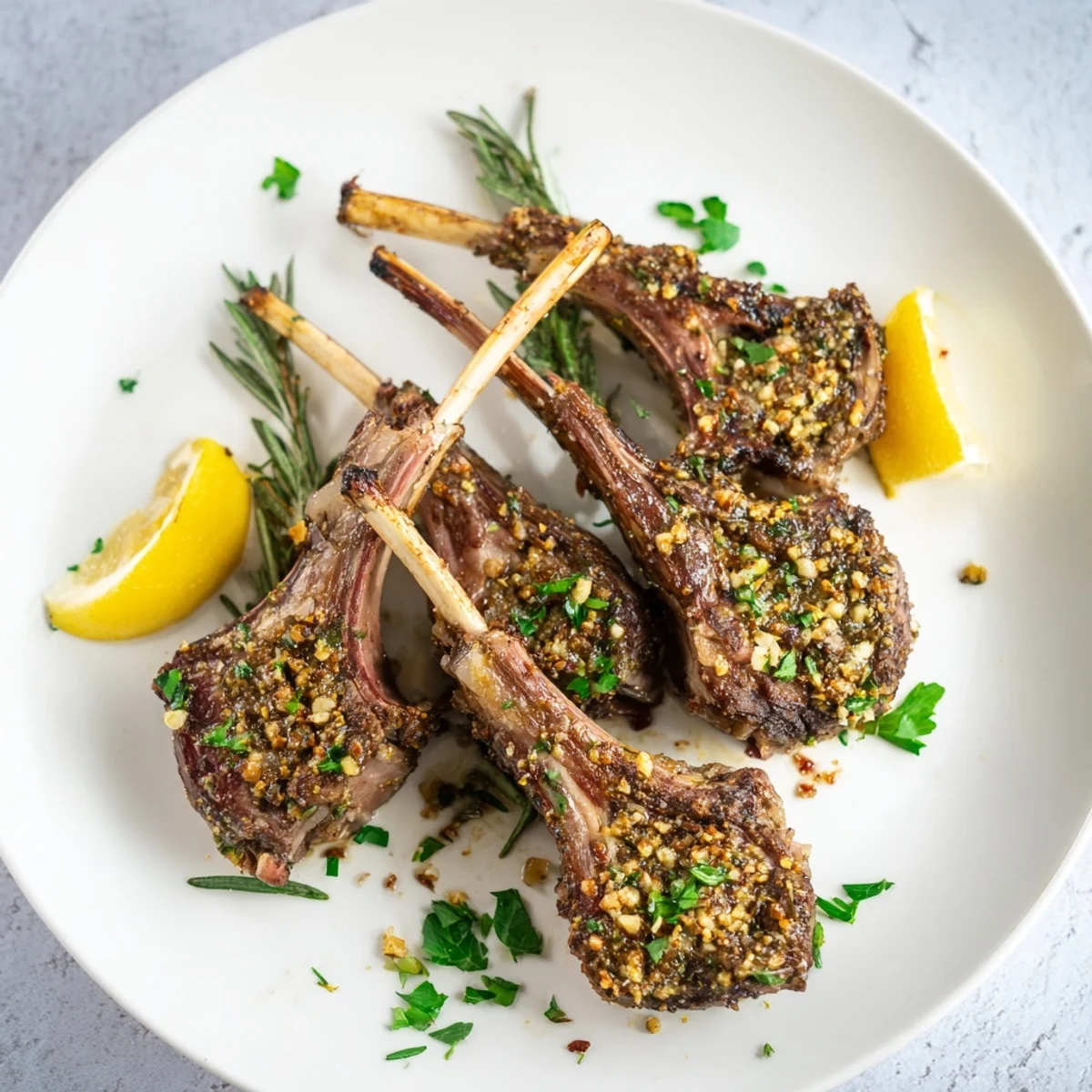 Goldbraun gebratene Roasted Lamb Chops with Garlic mit Petersilie Garnitur