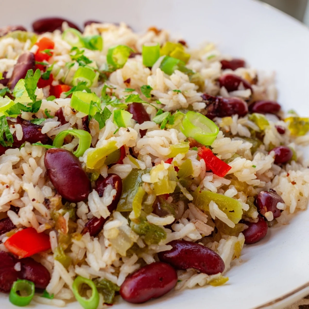 Ein farbenfroher Teller Mardi Gras Rice and Beans mit saftigen Paprika, gewürztem Reis und cremigen Bohnen, serviert in einer schüssel.