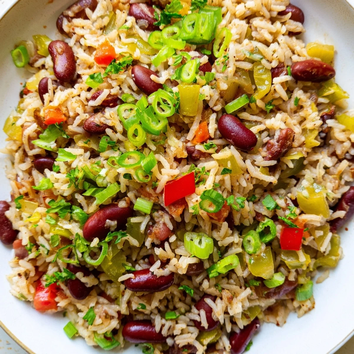 Klassisches Mardi Gras Rice and Beans mit smoky Gewürzen, roten Kidneybohnen und saftigen Tomaten, perfekt für ein Festessen.