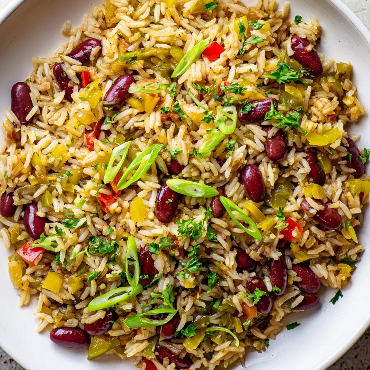 Mardi Gras Rice and Beans werden heiß und dampfend mit grünen Zwiebeln und Petersilie garniert, neben einer Scheibe Maisbrot.