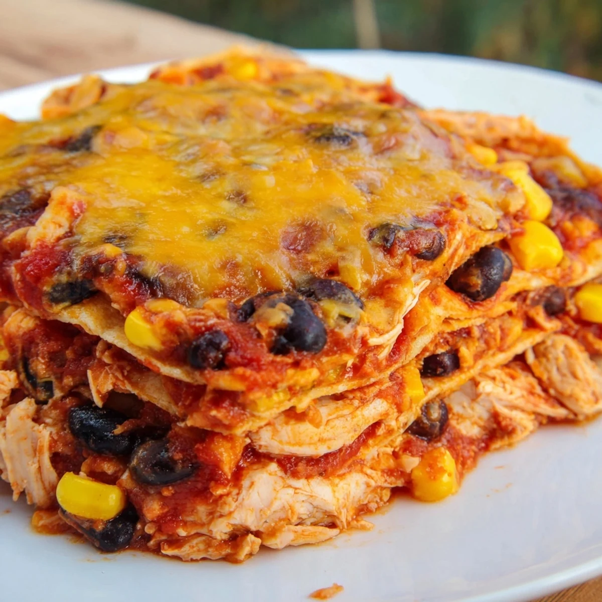 Layered Chicken Enchilada Casserole with Cheese, baked until golden and bubbling, topped with fresh avocado and cilantro.