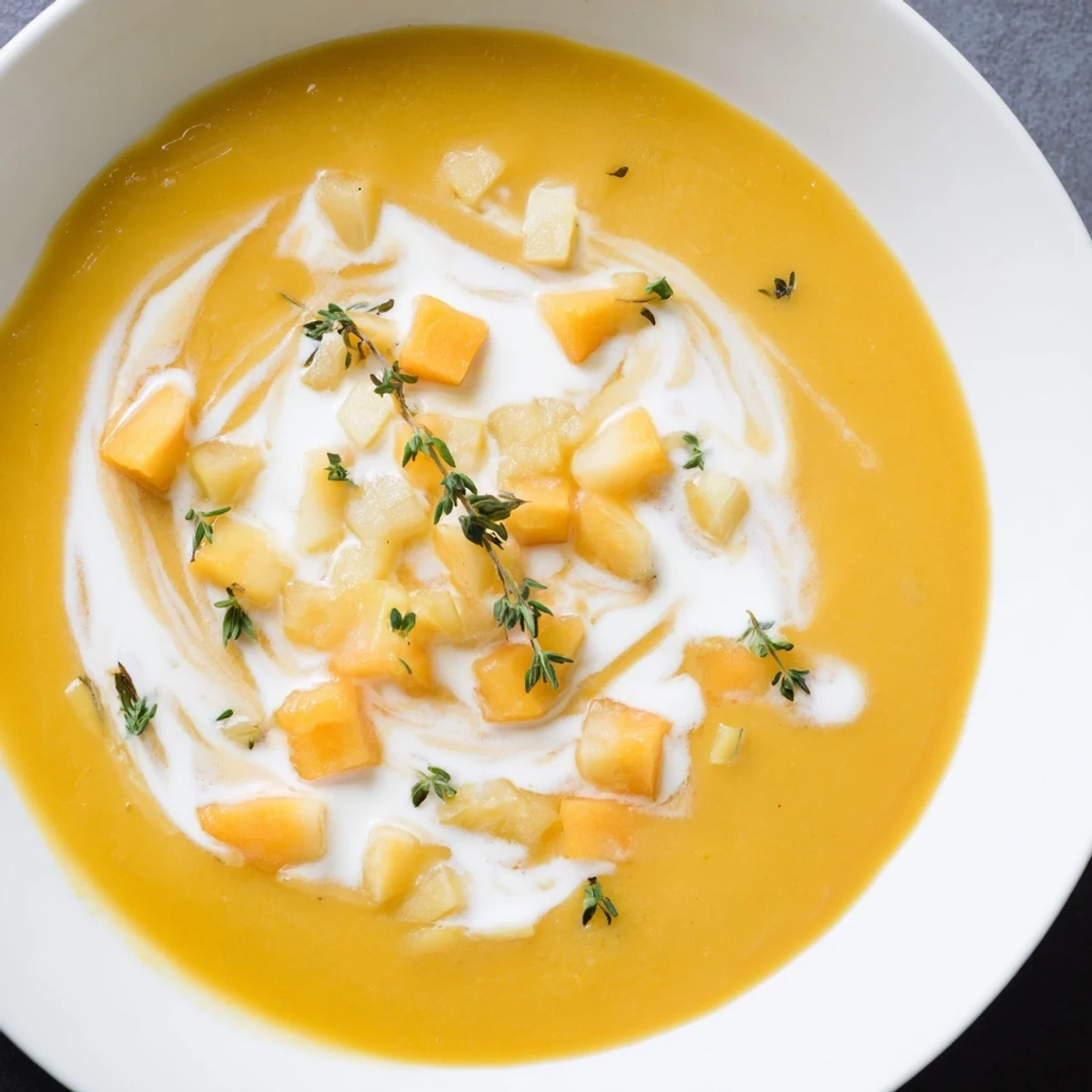 Duftende Winter Squash Soup mit Apple serviert in einer brottauglichen Schüssel, cremig und würzig warm.