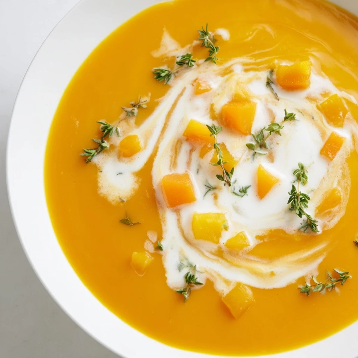 Geschmackvolle Winter Squash Soup mit Apple glänzt in Goldtönen, garniert mit Kokosmilch und würzigen Gewürzen.
