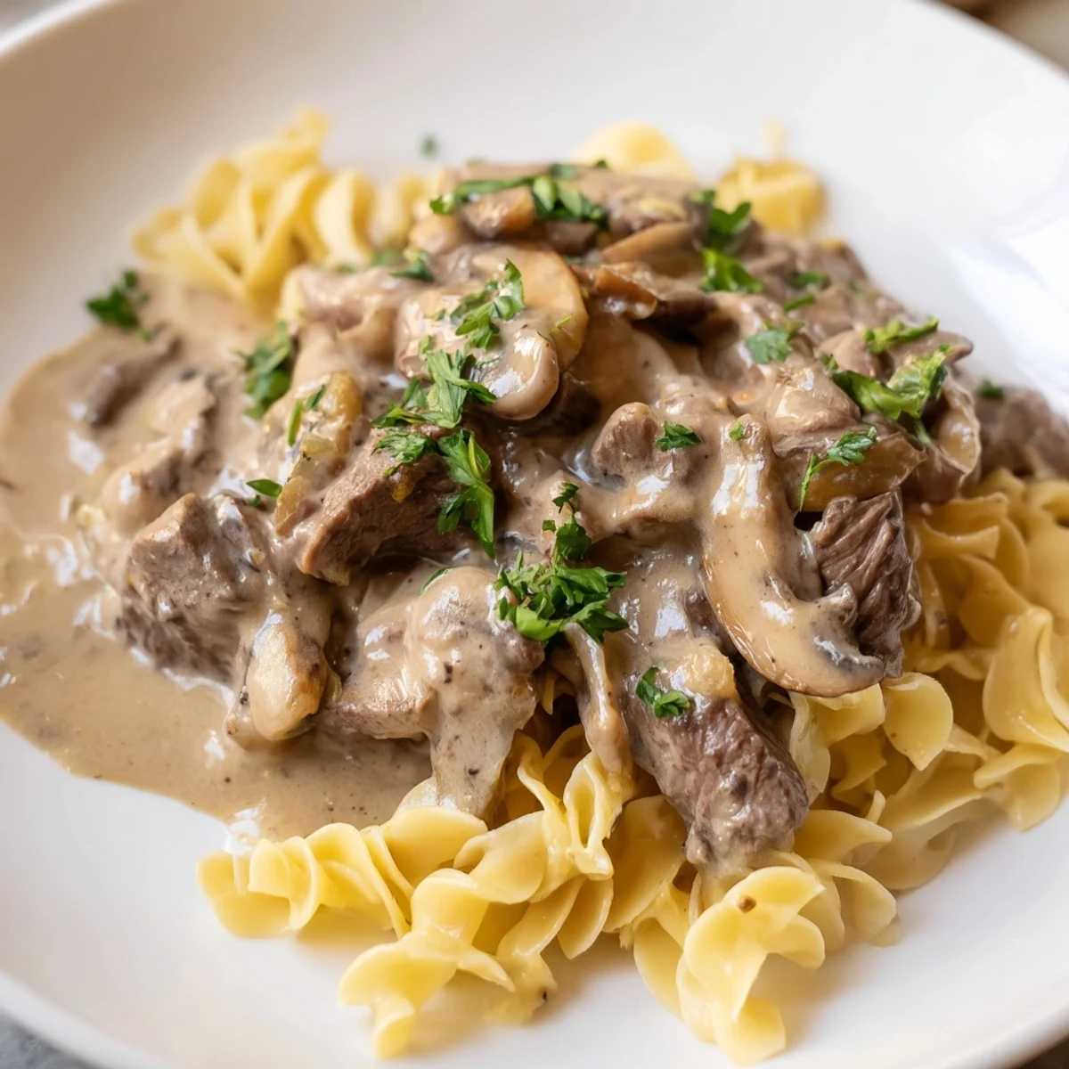 Saftige Rinderstreifen in cremiger Pilzsauce auf Butternudeln, das klassische Beef Stroganoff mit Mushroom Gravy gerichtet zum Abendessen serviert.