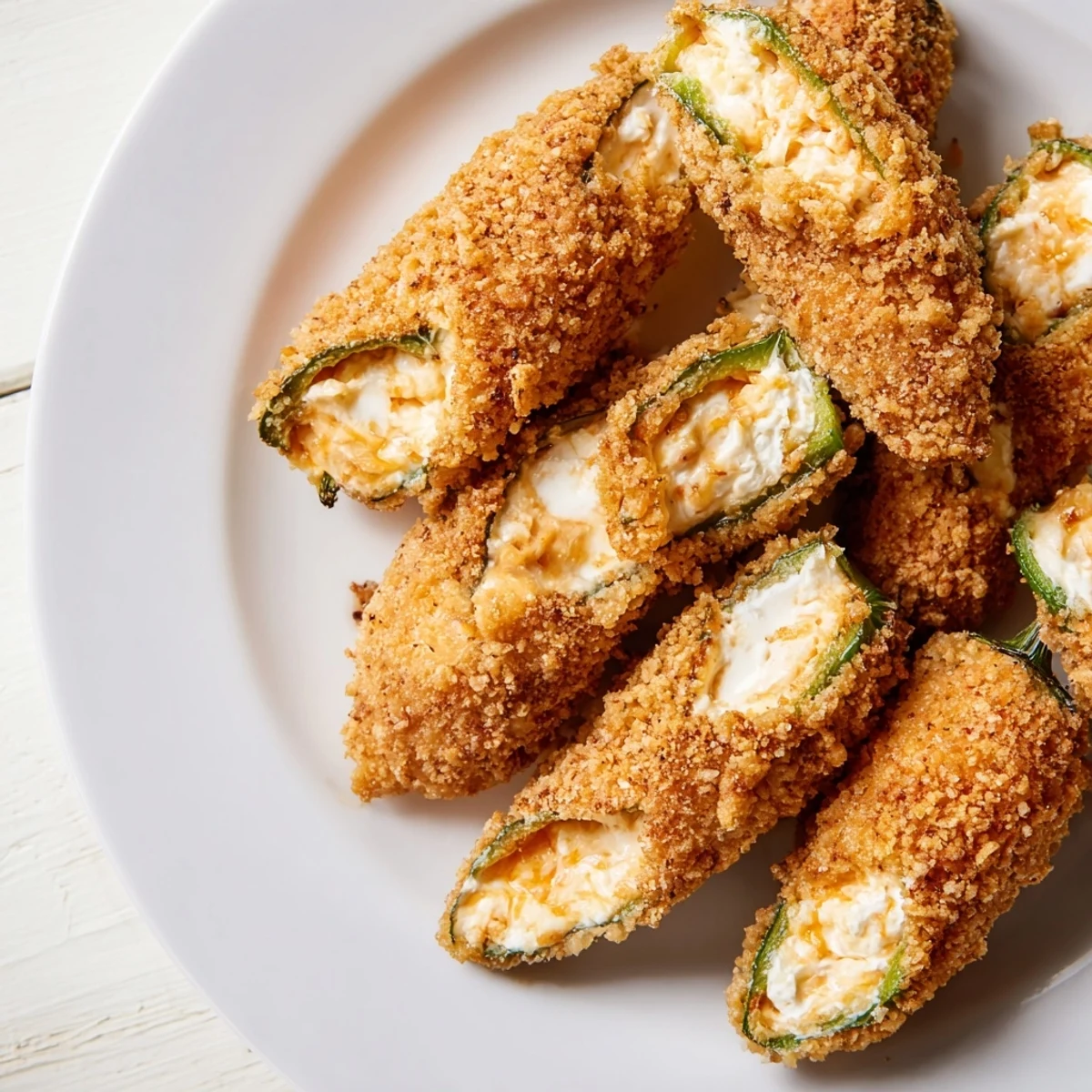 Goldbraun gebackene Spicy Jalapeno Poppers mit Cream Cheese und Cheddar, serviert mit Dip auf rustikalem Holztisch.