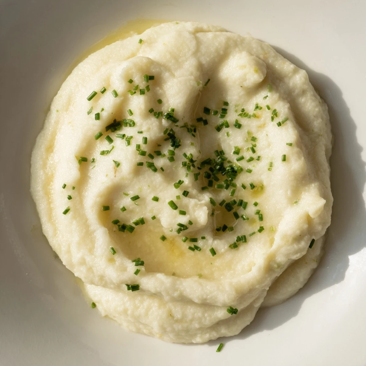 Creamy Roasted Garlic Mashed Cauliflower in a rustic serving bowl, garnished with fresh chives and a pat of butter.