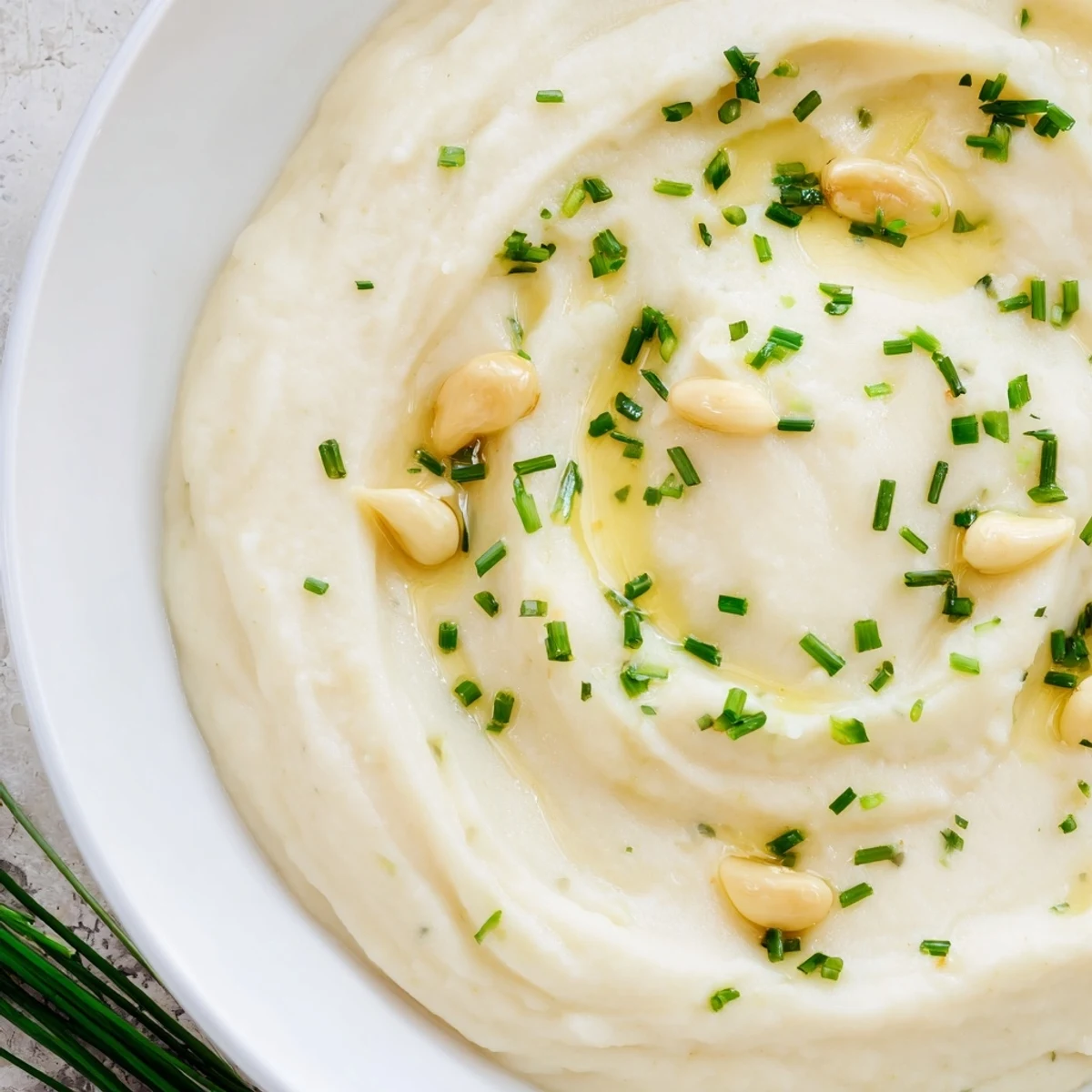 Golden Roasted Garlic Mashed Cauliflower purée in a white dish, garnished with fresh chives, a comforting low-carb side dish.
