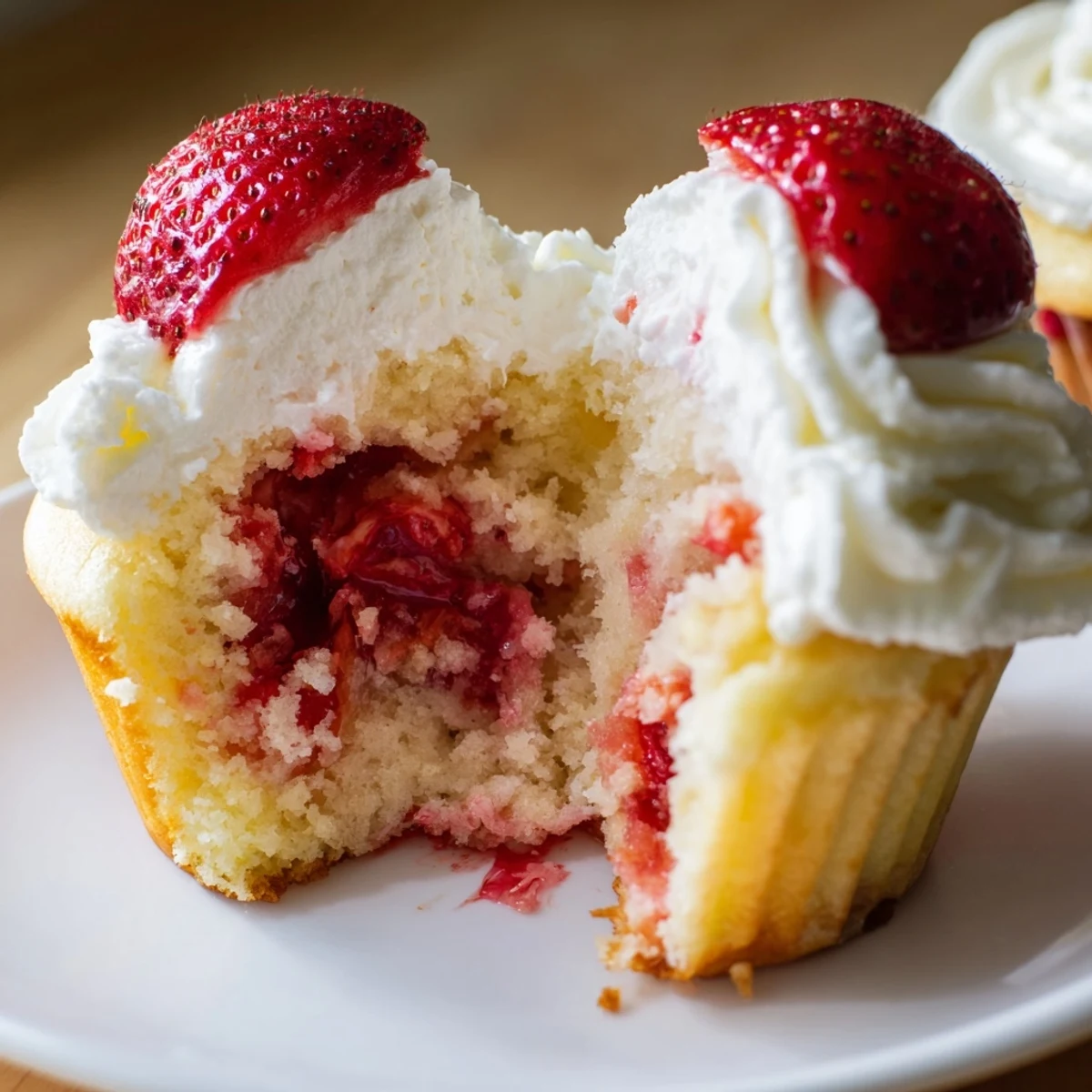 Frische Erdbeeren und zarter Kuchenteig: Strawberry Shortcake Cupcakes mit cremiger Sahneglace und roter Frucht als Topping.