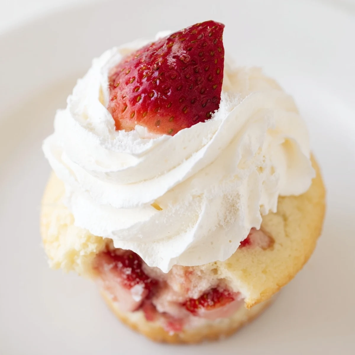 Genieße die Strawberry Shortcake Cupcakes, ein süßes Dessert mit saftigem Vanille-Muffin und frischen Erdbeerstückchen gefüllt.