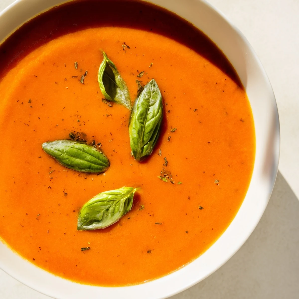 Silky Creamy Tomato Soup with Basil in a white bowl, garnished with fresh basil leaves and a swirl of cream.