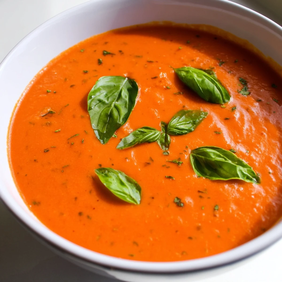 Close-up of Creamy Tomato Soup with Basil beside crusty bread and a grilled cheese sandwich, steam rising from the bowl.