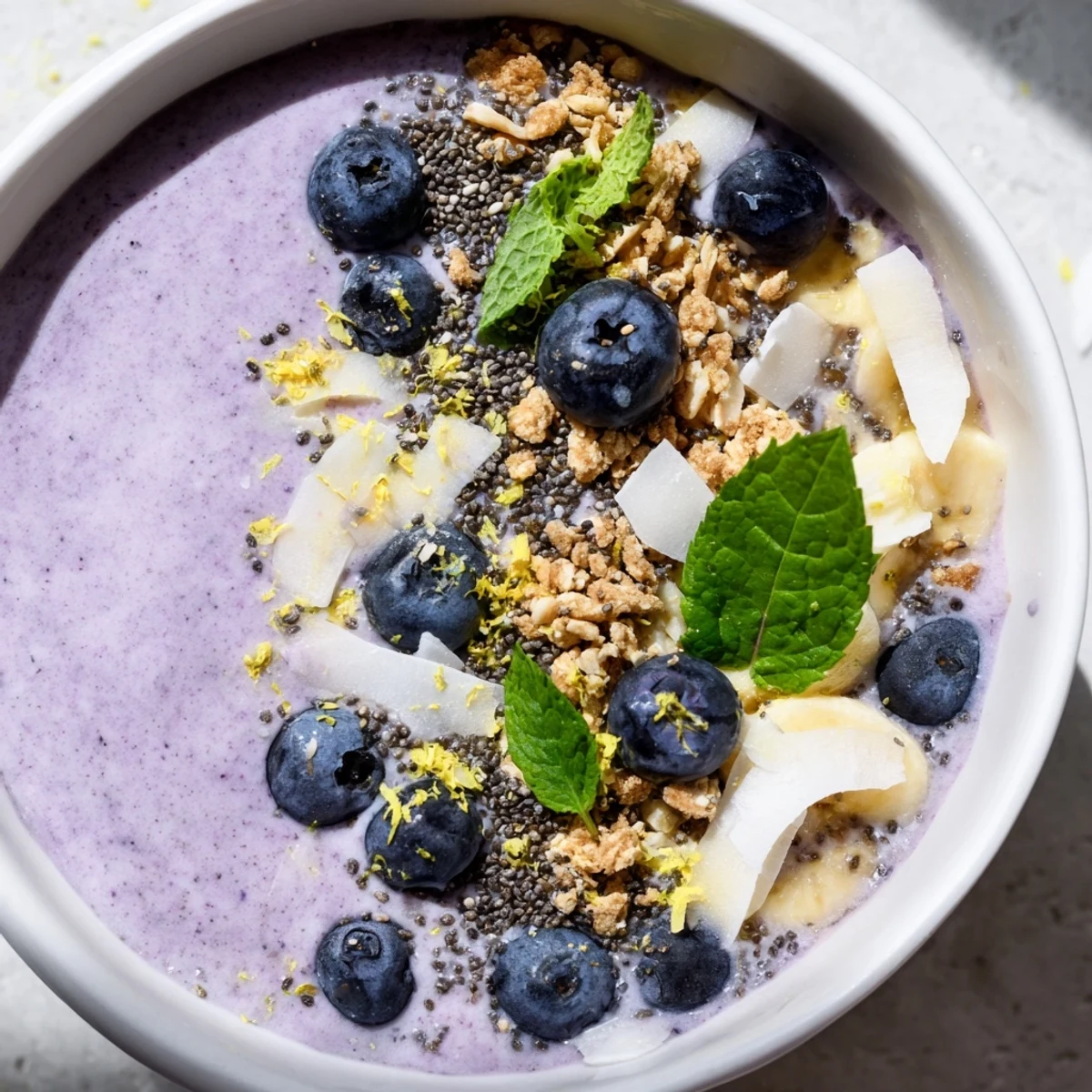 Frisch angerichtetes Lemon Blueberry Smoothie Bowl als gesunder veganer Frühstücks- oder Snack-Vorschlag für US-Food-Blogger.