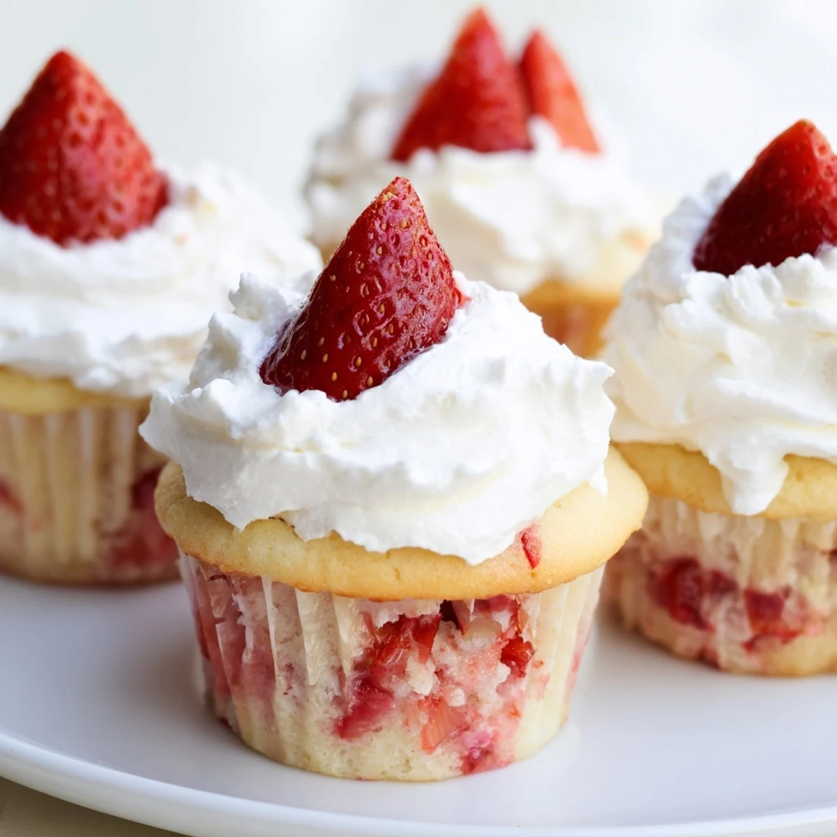 Frische Erdbeeren sichtbar in diesen Strawberry Shortcake Cupcakes with Frosting, mit fluffiger Füllung und cremiger Topping für ein süßes Dessert.