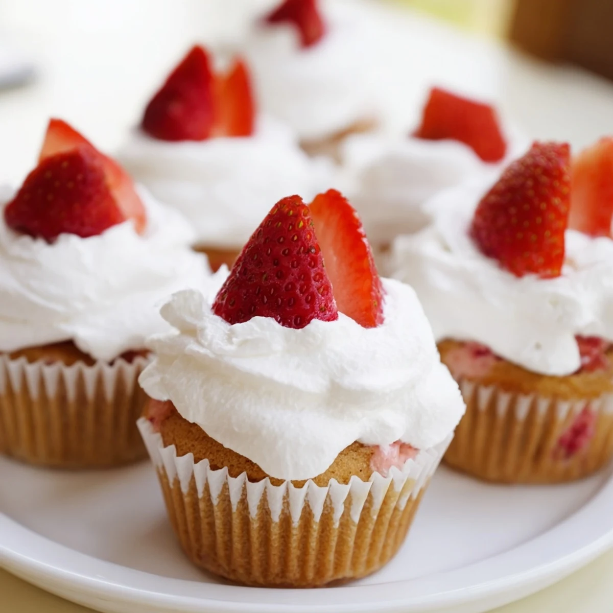 Genieße die Strawberry Shortcake Cupcakes with Frosting als handliches Dessert, mit süßen Erdbeerstücken und cremiger Sahneglasur auf dem Teller.