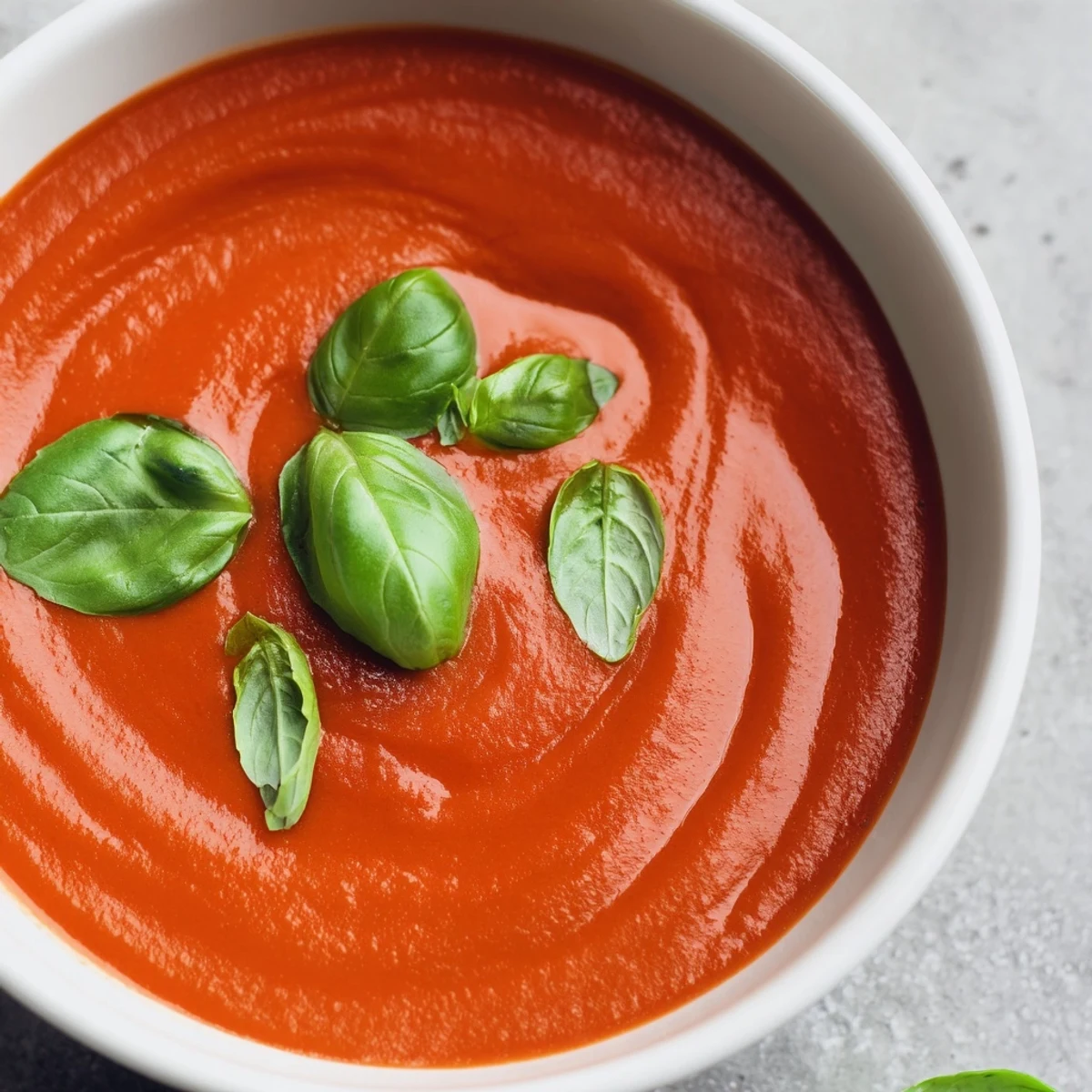 Cremige Tomatensuppe mit frischem Basilikum dampft heiß im Topf, mit einem Stängel Basilikum darauf und einem Schuss Sahne für eine samige Textur.